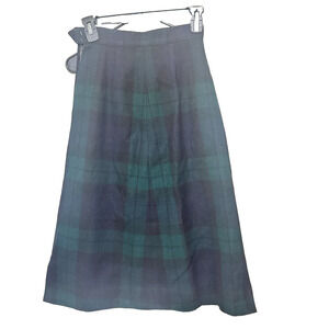 Vintage Pure Wool Plaid Skirt Green Navy Blue Homemade Tartan Midi Size XS
